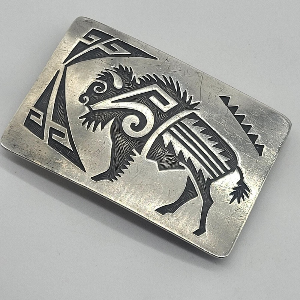 Navajo Artist Montano Gibbson "GIBB" Sterling Silver Etched Buffalo Belt Buckle - Picture 13 of 16